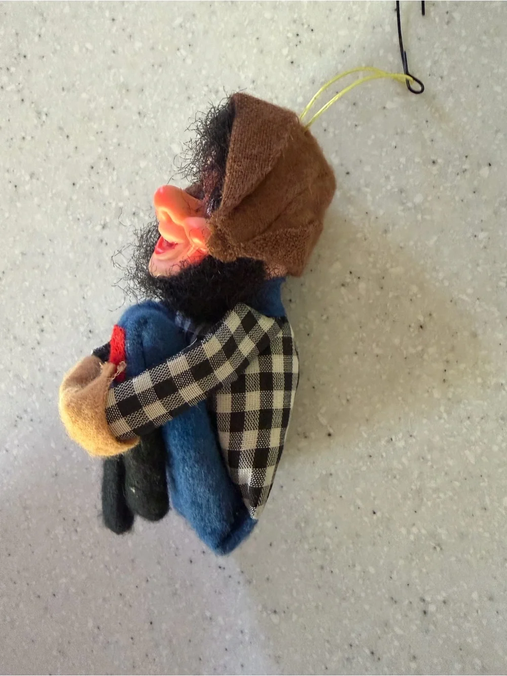 Vintage Christmas 50s 60s Hillbilly Gnome Tree Hugger Ornament. Black Hair. MCM